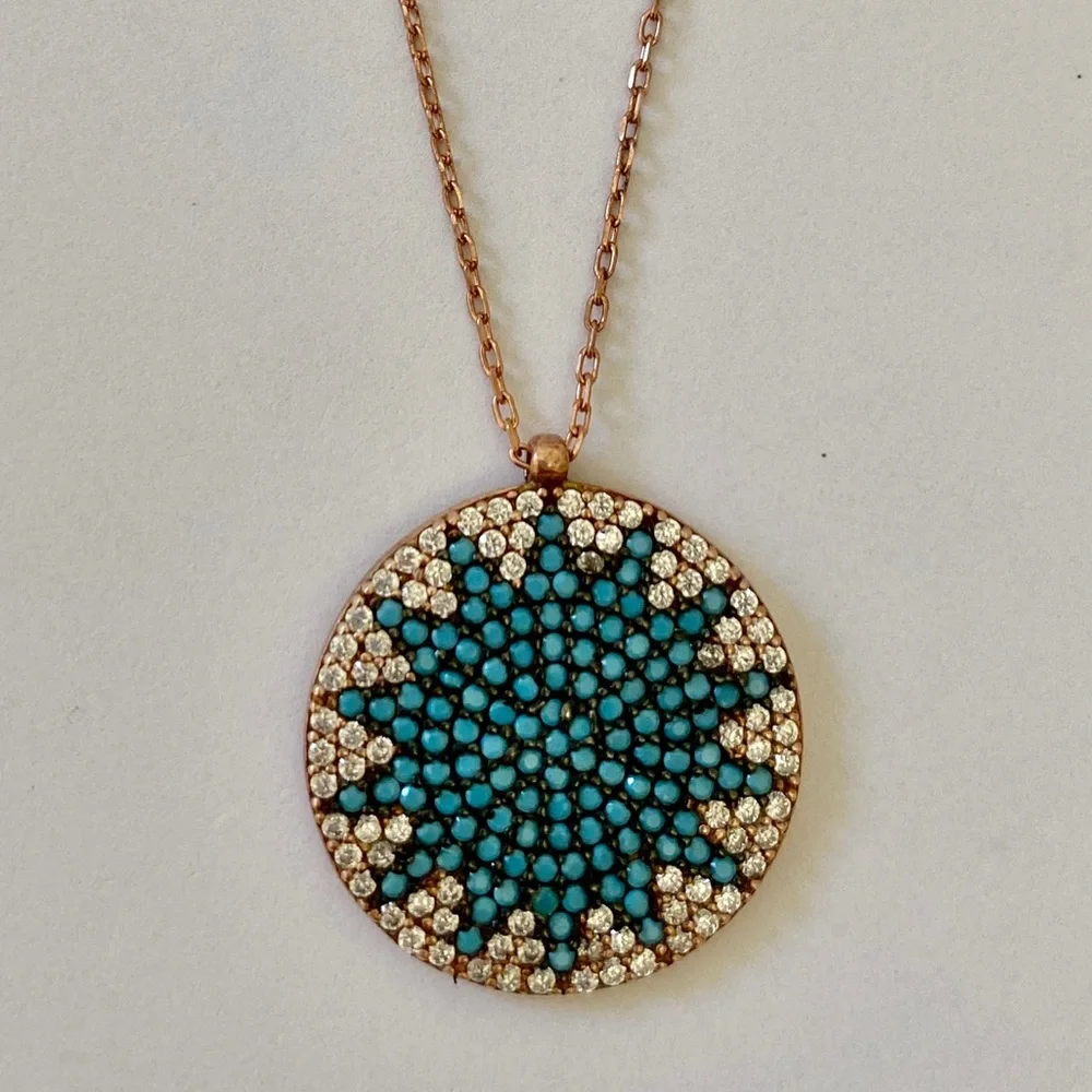 925 Silver blue sun necklace cz turquoise stones 14k rose gold plated